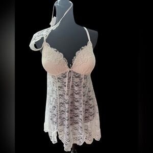 🤍‎ NWT Linea Donatella Lace Babydoll Chemise w/ Matching Thong – Size L